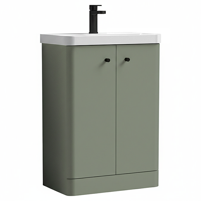 Cruze 600mm Curved Satin Green Vanity Unit with Matt Black Handles