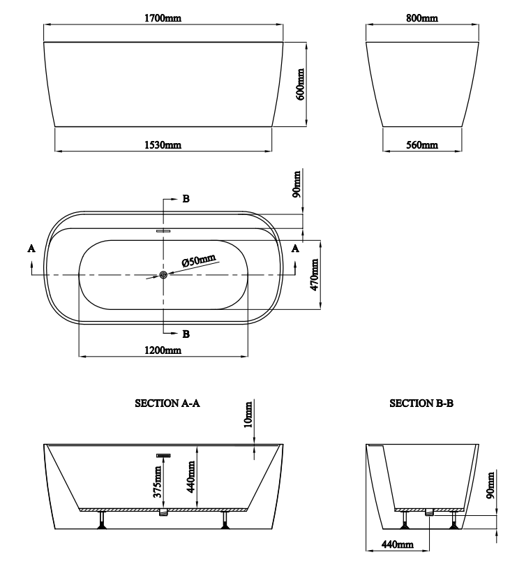 Cruze Curved Back To Wall Bath (1700 x 800mm) with Waste