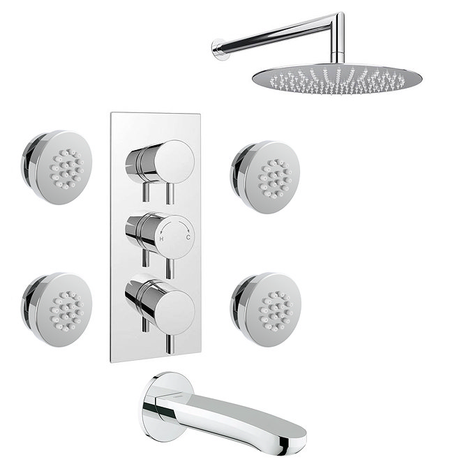 Cruze Modern Thermostatic Shower Package - Fixed Rainfall Head, 4 Body Jets & Bath Spout