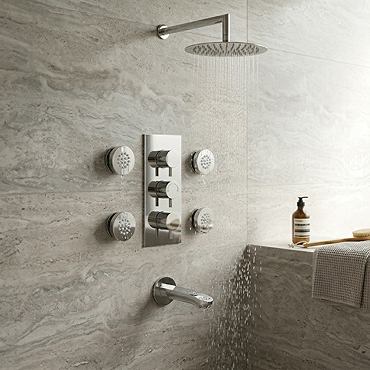 Cruze Modern Thermostatic Shower Package - Fixed Rainfall Head, 4 Body Jets & Bath Spout