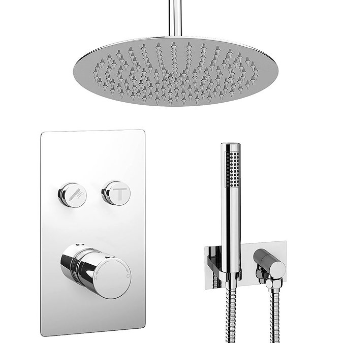 Cruze Round Push-Button Ceiling Mounted Shower Pack (with Handset + Rainfall Shower Head Large Image