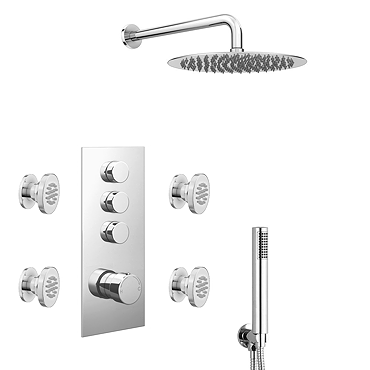 Cruze Round Push-Button Shower Valve Pack with Handset, 4 Body Jets + Shower Head