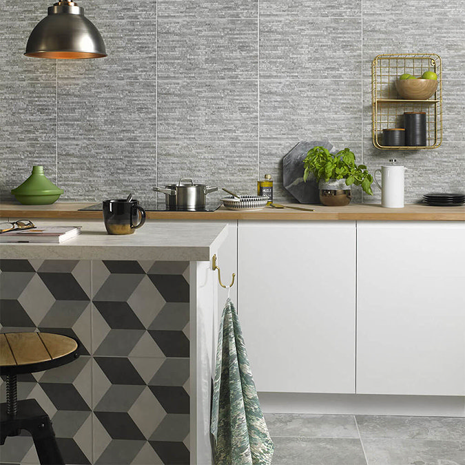 Cube Grey Patterned Floor Tiles - 331 x 331mm  In Bathroom Large Image