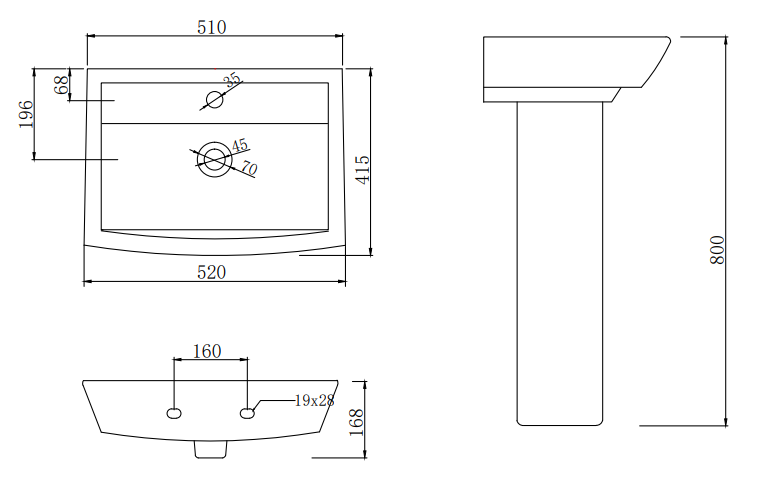 Cubo Basin + Full Pedestal (520mm Wide - 1 Tap Hole)