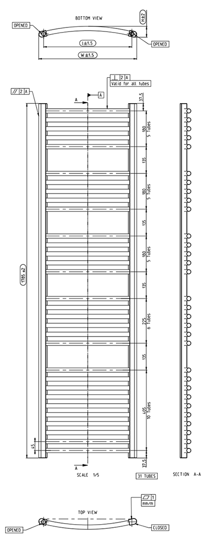 Toreno Heated Towel Rail – Chrome – 500 x 1800mm – Curved Bars