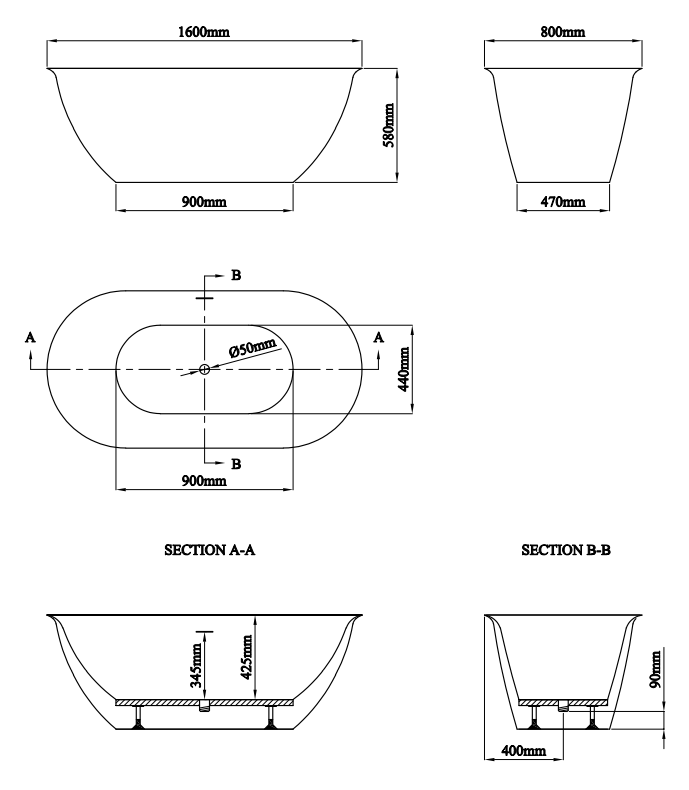 Curzon 1600 x 800mm Ultra-Thin Edge Double-Ended Bath with Chrome Waste