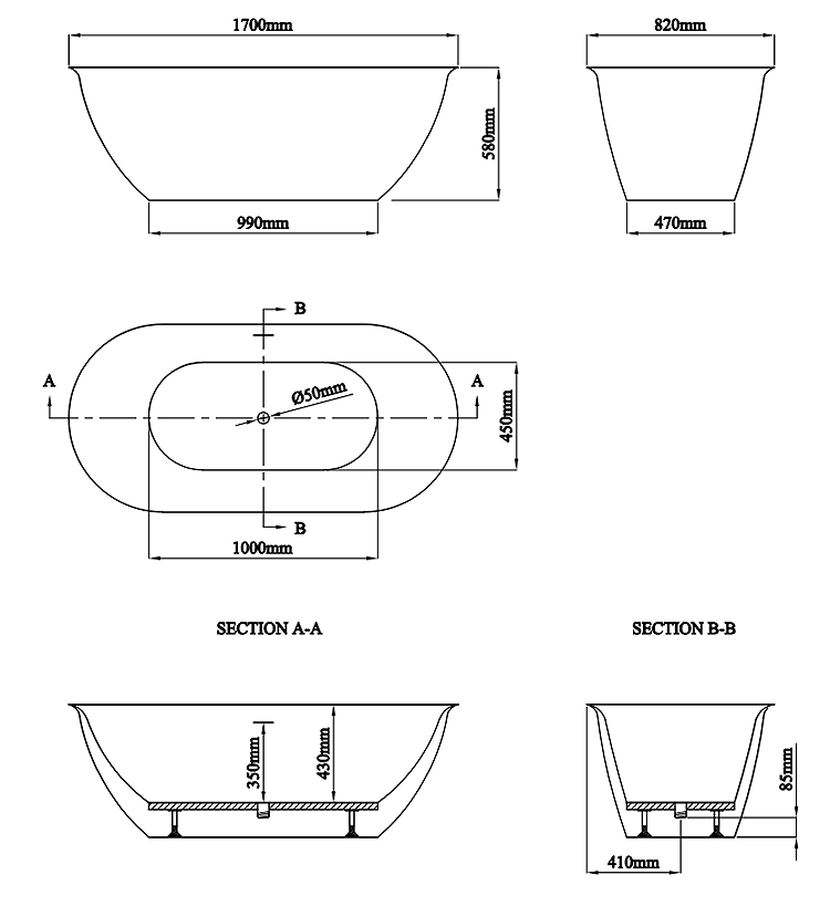 Curzon 1700 x 820mm Ultra-Thin Edge Double-Ended Bath with Chrome Waste
