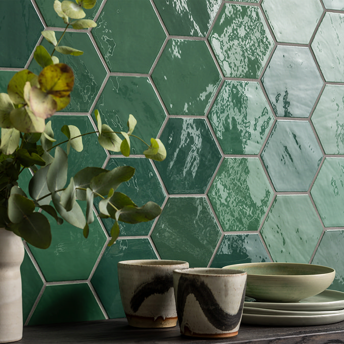 Stonehouse Studio Delphine Emerald Green Hexagon Zellige Effect Tiles 108 x 124mm
