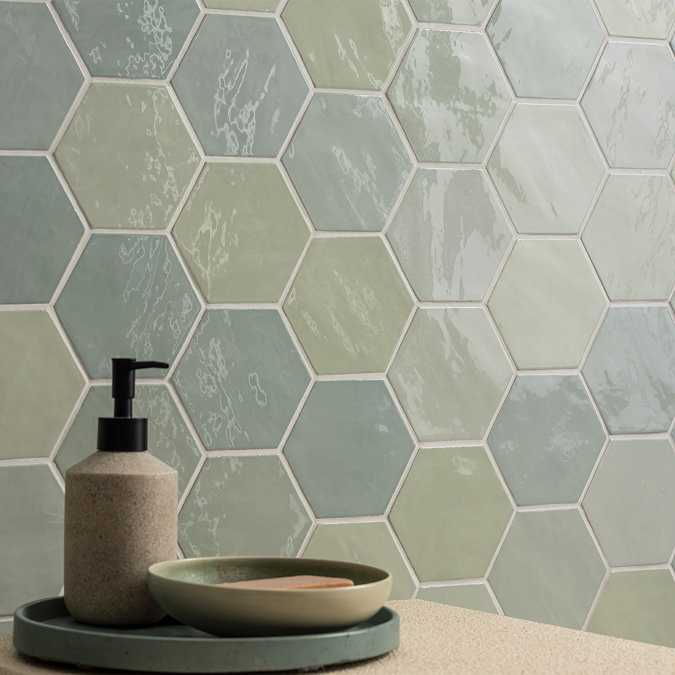 Stonehouse Studio Delphine Sage Green Hexagon Zellige Effect Tiles 108 x 124mm