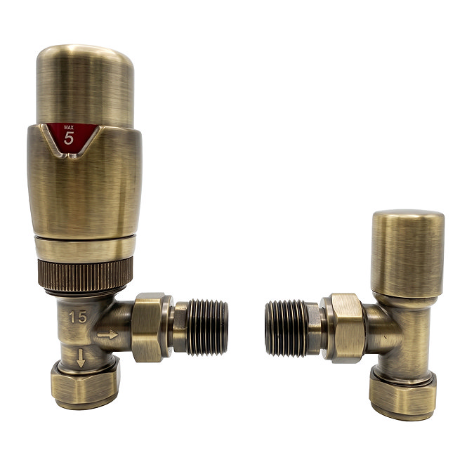 Monza Antique Brass Angled Thermostatic Radiator Valves - Energy Saving
