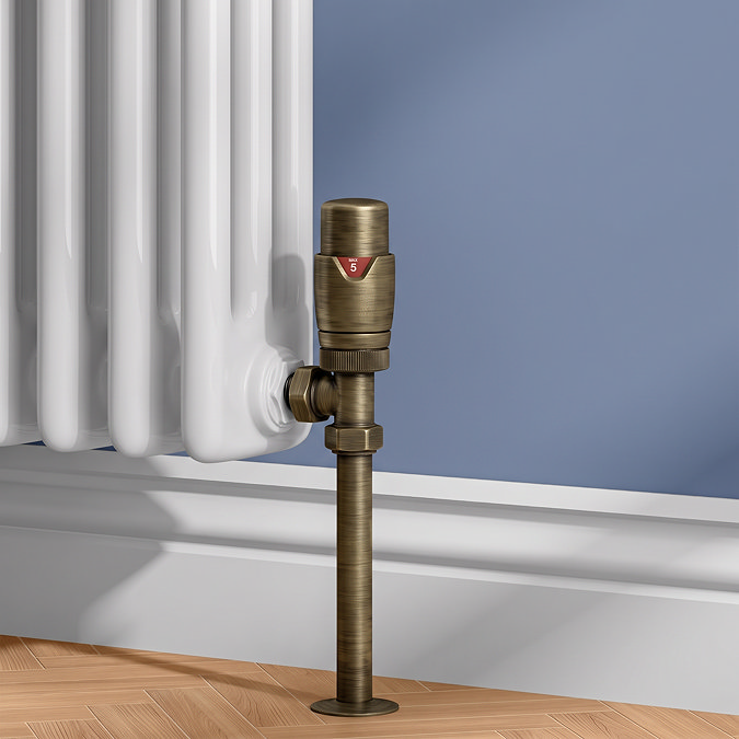 Monza Antique Brass Angled Thermostatic Radiator Valves - Energy Saving