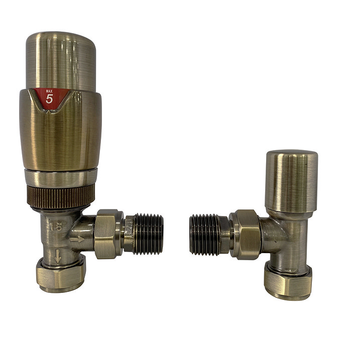 Monza Antique Brass Angled Thermostatic Radiator Valves - Energy Saving  Feature Large Image