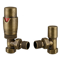 Monza Antique Brass Angled Thermostatic Radiator Valves - Energy Saving