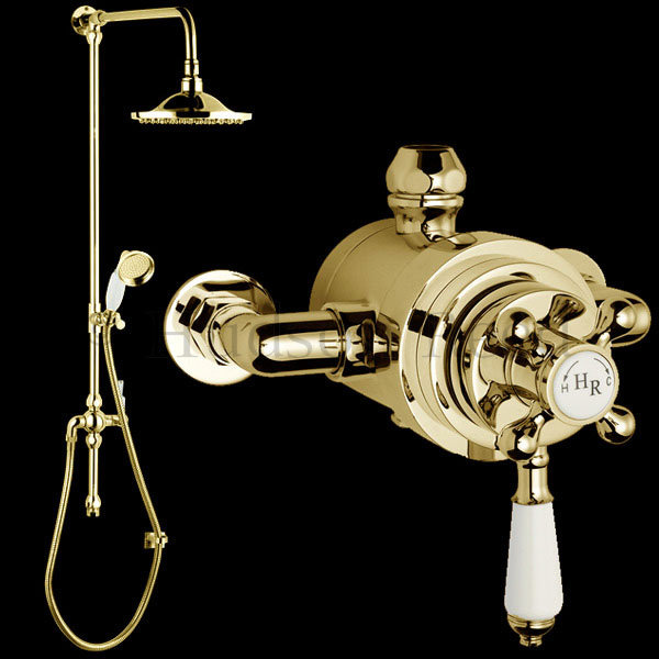 Designer Traditional Dual Shower Valve with Grand Rigid Riser - Antique Gold Large Image