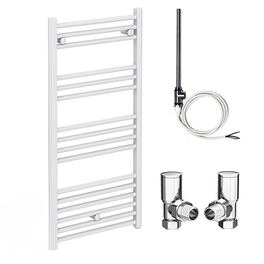 Diamond White 500 x 1000mm Straight Heated Towel Rail (incl. Valves + Electric Heating Kit)