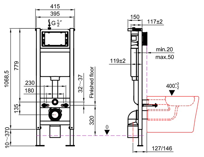 Dual Flush Concealed WC Cistern with Wall Hung Frame + Modern Toilet