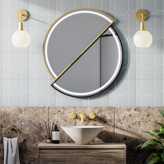 Duet Matt Black & Brushed Brass 800mm Split Circular LED Mirror with Demister, Touch Control & Colour Changing Light