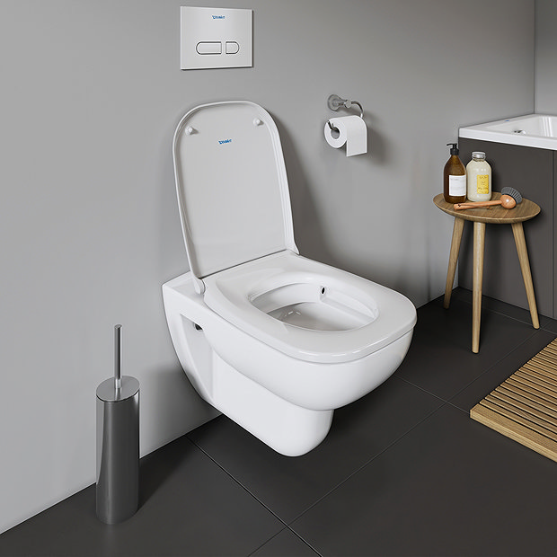 Duravit D-Code Rimless HygieneGlaze Wall Hung Toilet + Seat  In Bathroom Large Image