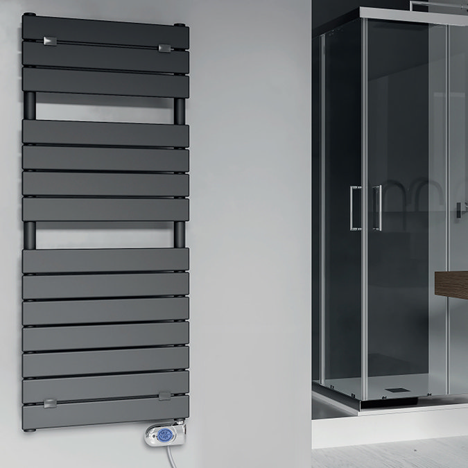 E-Milan Electric Only Heated Towel Rail w. Digital Thermostat - W500mm x H1213mm - Anthracite  In Ba