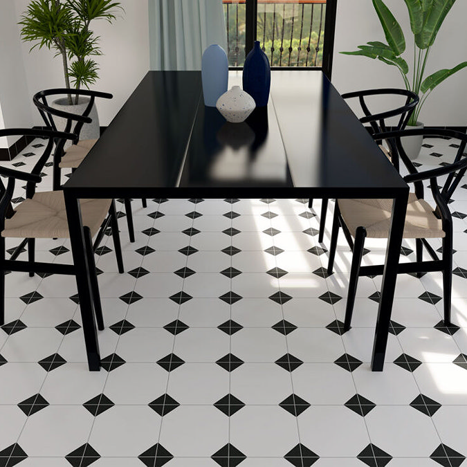 Ealing Octagon Black & White Floor Tiles - 225 x 225mm