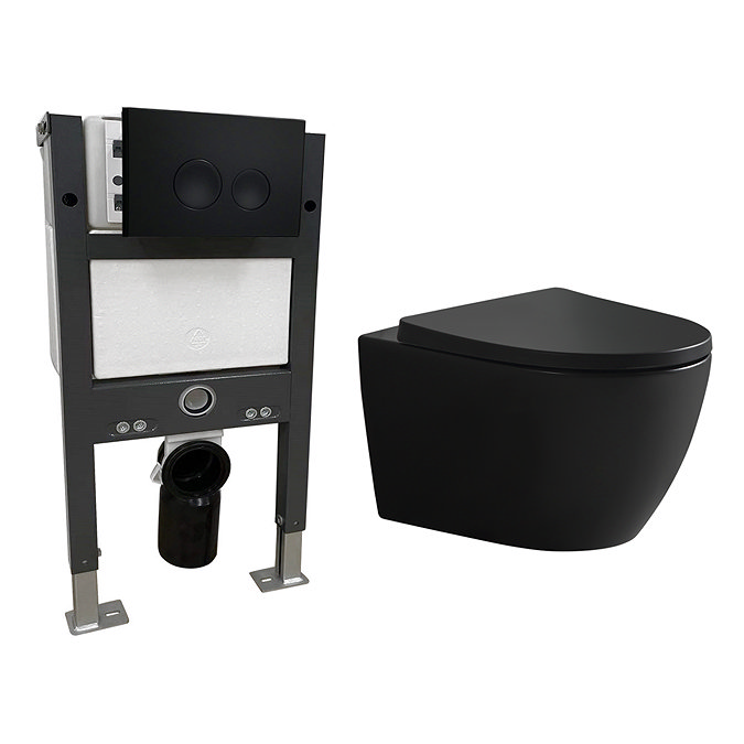 EcoDelux Compact Toilet Frame with Matt Black Tornado Flush Toilet and Matt Black Flush Plate