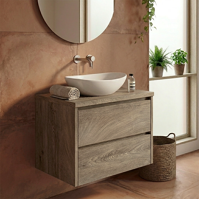 EcoDelux Ballance 600mm Mid Oak Vanity - Wall Hung 2 Drawer Unit with Worktop (Flat Packed)