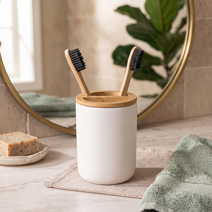 EcoDelux Bamboo Round Toothbrush Holder - White