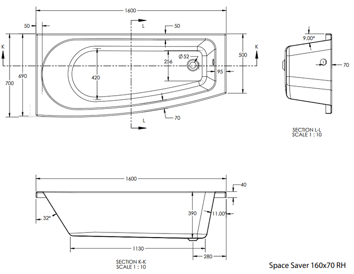 EcoDelux Space Saver 1600 x 700/500 Bath Right Hand