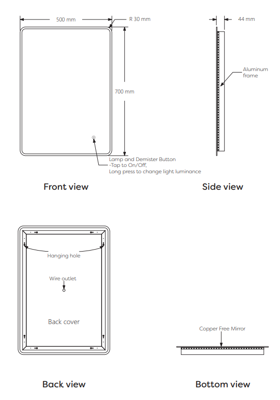 Cruze 500x700mm LED Illuminated Mirror with Touch Sensor, Dimmer and Anti-Fog