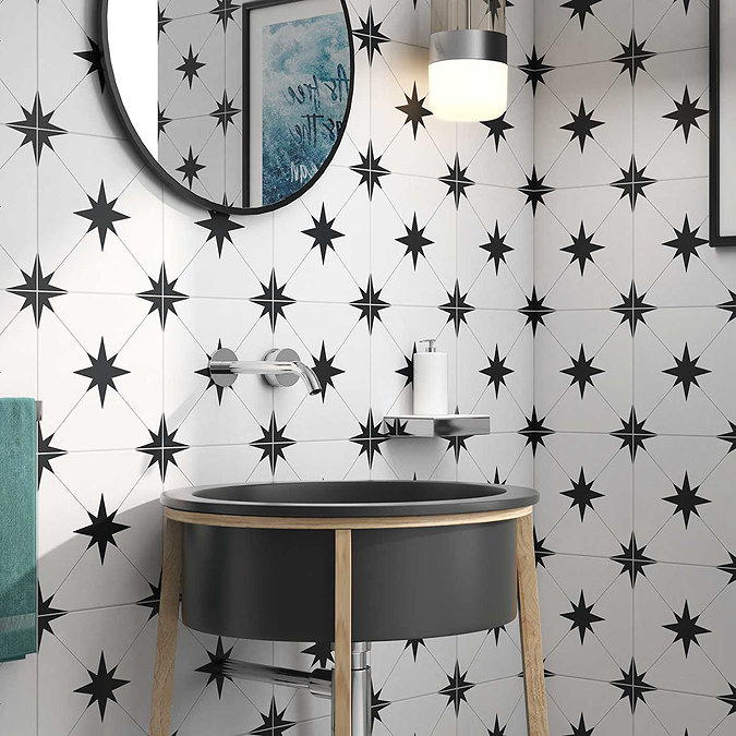 Elba Black Inverse Star Patterned Wall & Floor Tiles