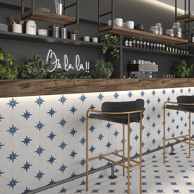 Elba Blue Inverse Patterned Wall & Floor Tiles - 220 x 220mm Large Image