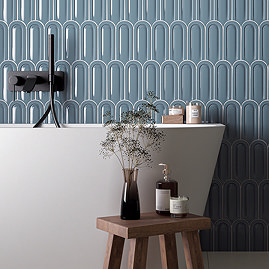 Eleonora Blue Scallop & Feather Bevelled Gloss Wall Tiles - 80 x 215mm