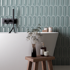 Eleonora Sage Scallop & Feather Bevelled Gloss Wall Tiles - 80 x 215mm