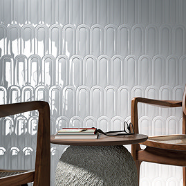 Eleonora White Scallop & Feather Bevelled Gloss Wall Tiles - 80 x 215mm