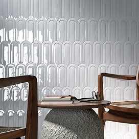 Eleonora White Scallop & Feather Bevelled Gloss Wall Tiles - 80 x 215mm