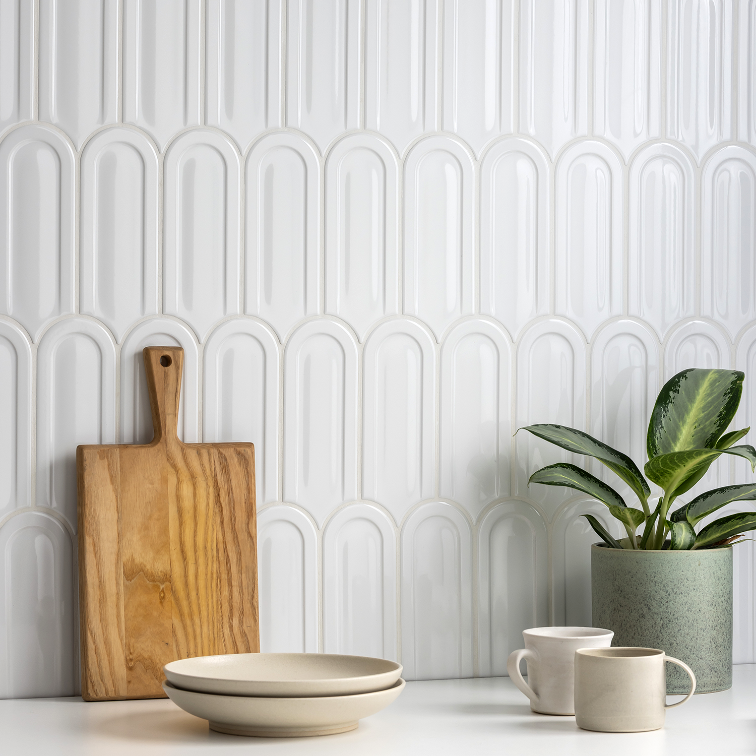 Eleonora White Scallop & Feather Bevelled Gloss Wall Tiles - 80 x 215mm