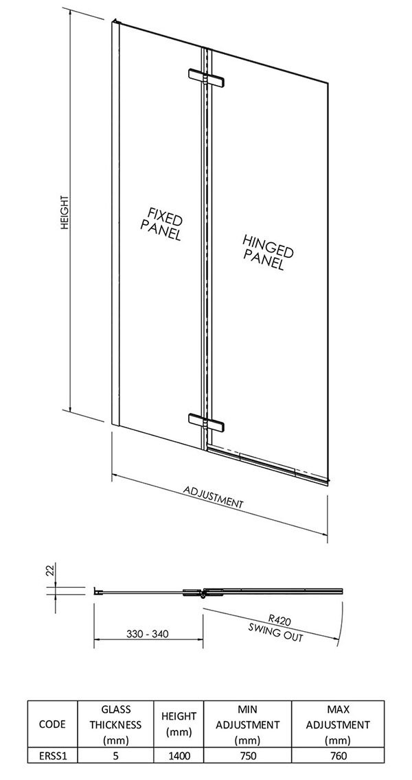 Ella 1400 Straight Hinged Bath Screen