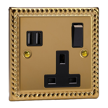 Ellis & Co 1-Gang Switched Socket with USB Ports Georgian Brass - Black