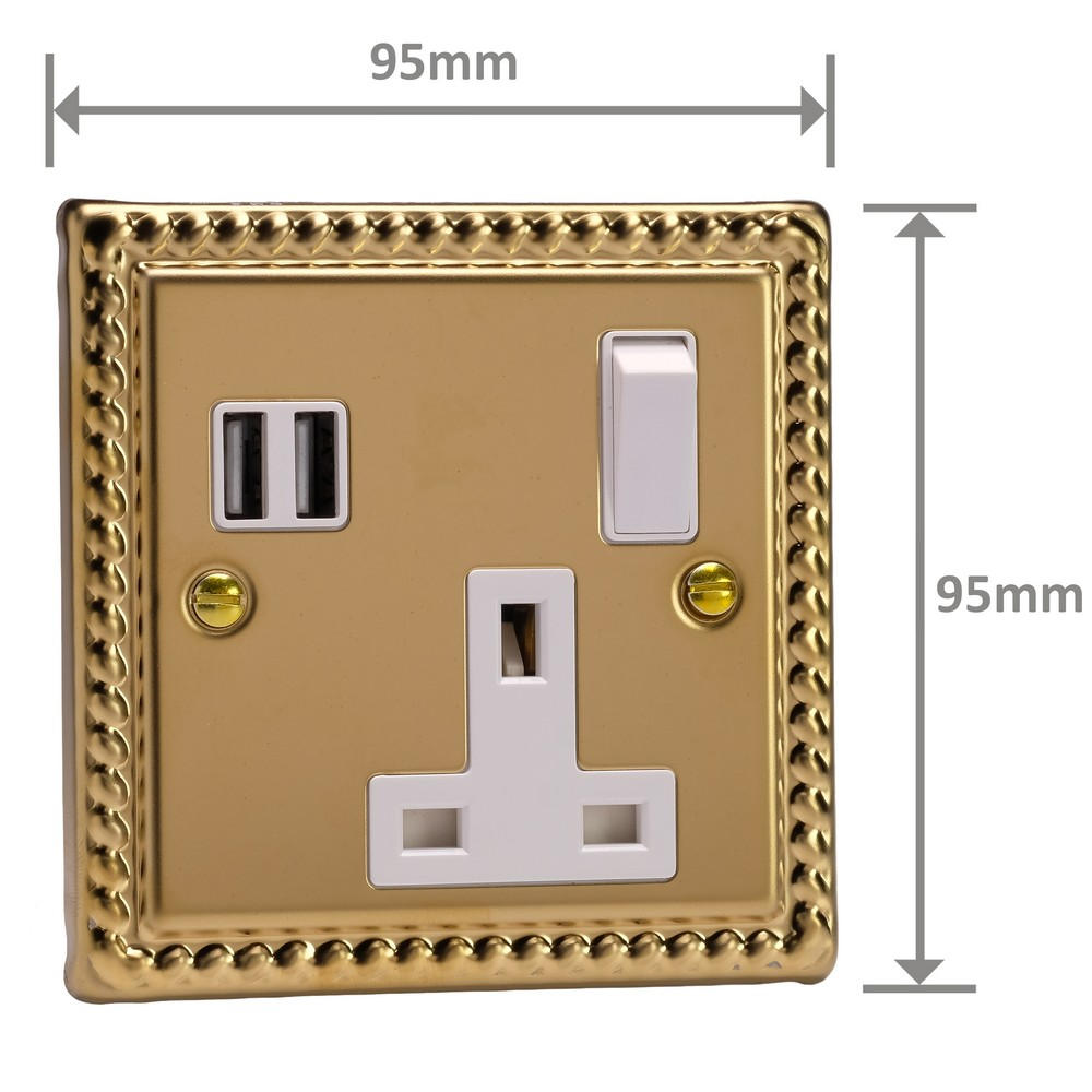 Ellis & Co 1-Gang Switched Socket with USB Ports Georgian Brass - White