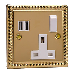Ellis & Co 1-Gang Switched Socket with USB Ports Georgian Brass - White