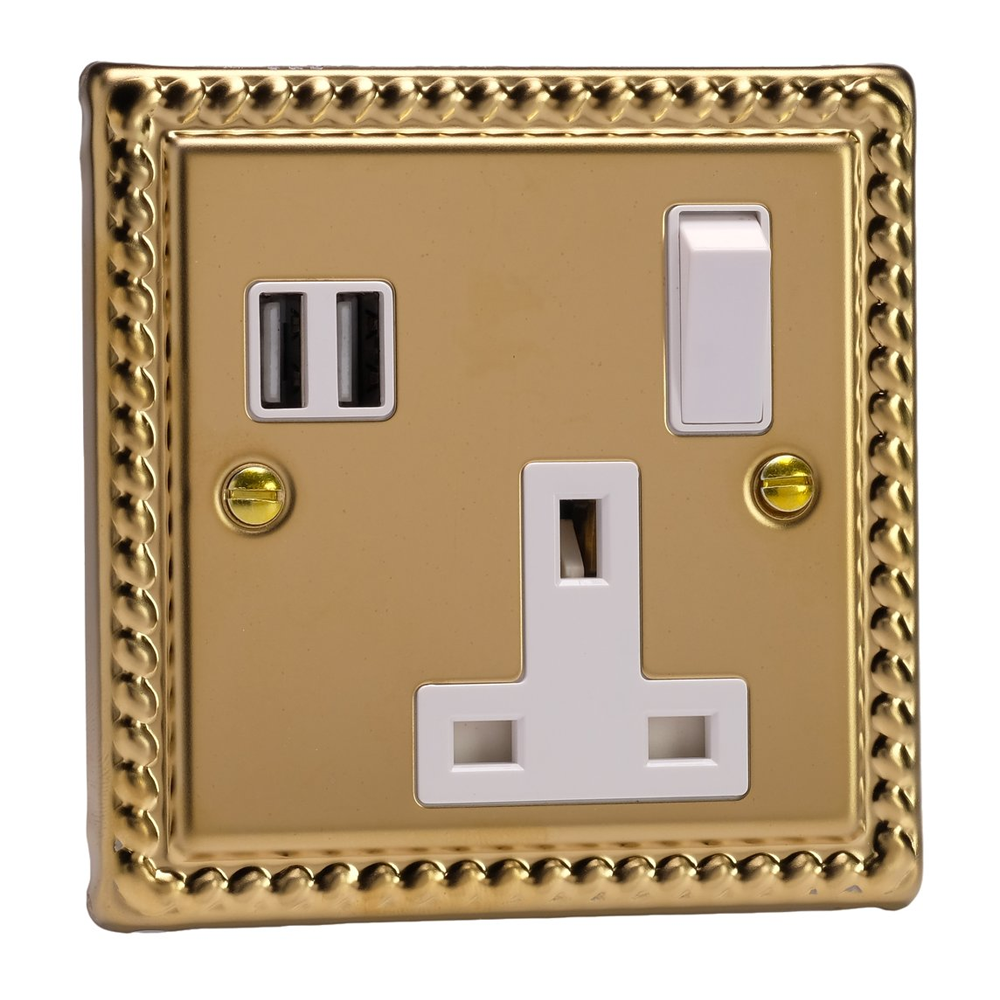 Ellis & Co 1-Gang Switched Socket with USB Ports Georgian Brass - White ...