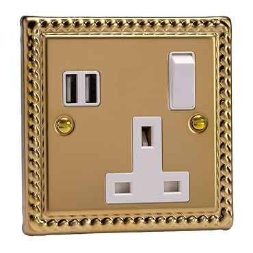 Ellis & Co 1-Gang Switched Socket with USB Ports Georgian Brass - White