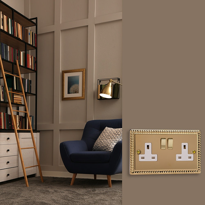 Ellis & Co 2-Gang Switched Socket Georgian Brass - White