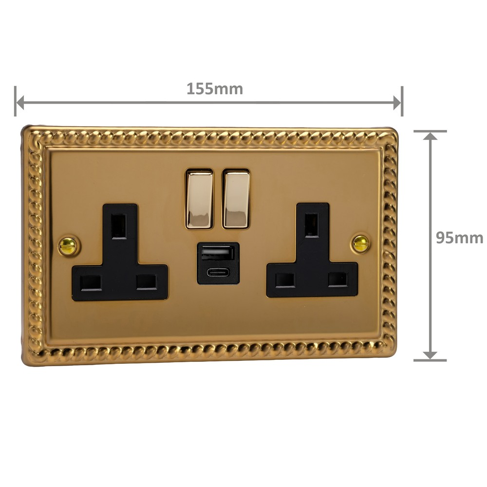 Ellis & Co 2-Gang Switched Socket with USB A & C Ports Georgian Brass - Black