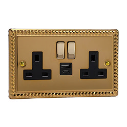Ellis & Co 2-Gang Switched Socket with USB A & C Ports Georgian Brass - Black
