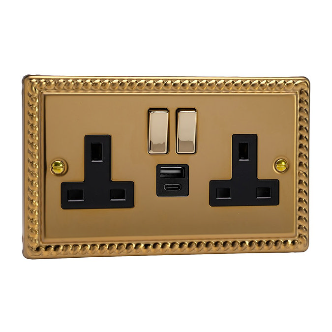 Ellis & Co 2-Gang Switched Socket with USB A & C Ports Georgian Brass - Black