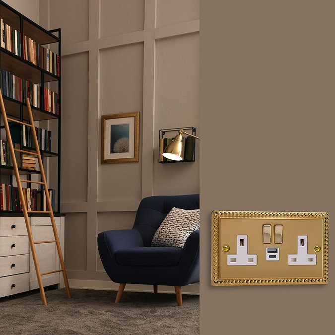Ellis & Co 2-Gang Switched Socket with USB A & C Ports Georgian Brass - White
