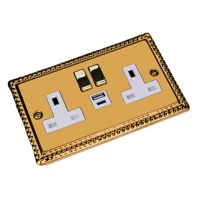 Ellis & Co 2-Gang Switched Socket with USB A & C Ports Georgian Brass - White