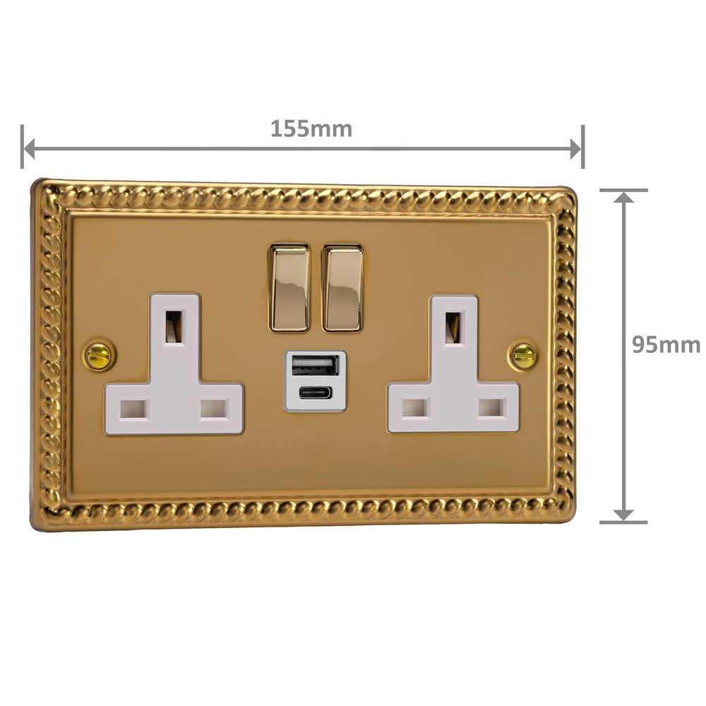 Ellis & Co 2-Gang Switched Socket with USB A & C Ports Georgian Brass - White