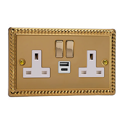 Ellis & Co 2-Gang Switched Socket with USB A & C Ports Georgian Brass - White